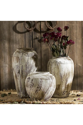 Rustik Seramik Vazo, Tomurcuk Vazo Çiçek Vazo 3'lü Set, Yapay Çiçek Vazosu, Kurutulmuş Çiçekler, Vintage Masa Süsleri, 20+30+35cm Diğer