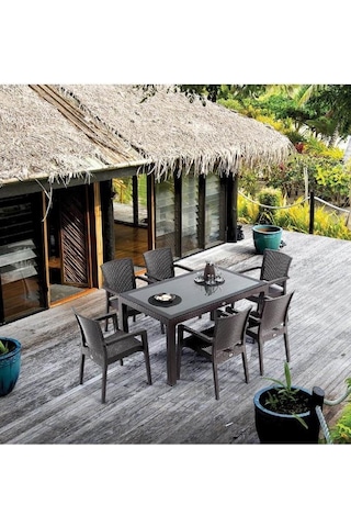 Novussi Liverno Rattan KAHVE Masa Takımı 90*150 Camlı Masa 6 Adet Kahverengi