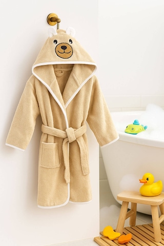 Kapşonlu Hayvan Desenli Çocuk Banyo Deniz Plaj Bornozu %100 Pamuklu Bej