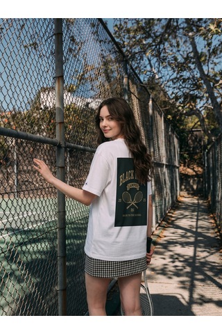 Black Nova Oversize Baskılı Unisex Tişört Campus Tennis Beyaz