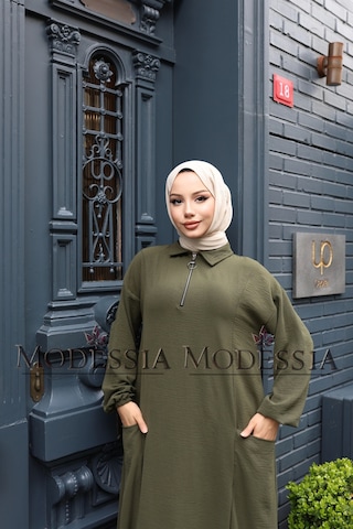 Kadın Haki Aerobin Uzun Önü Yarım Fermuarlı İkili Takım T1216 Haki