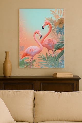 Tropikal Flamingo Desenli Çerçevesiz Cam Tablo Modern Salon Ve Ofis Dekorasyonu