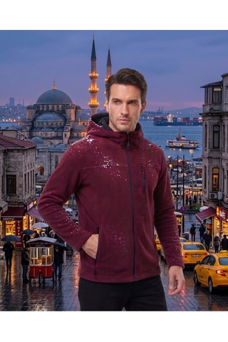 Luxıc Core Erkek Kapüşonlu Bordo Polar 3 Cepli Fermuarlı Sıcak Tutan Kışlık Outdoor Hoodie Günlük Stilpro