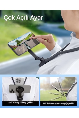 Magsafe Uyumlu 360 Boyun Askılı Telefon Tutucu Sabitleyici Gezi Video Çekimi Tutacağı Oyun Askılı Telefon Tutucu Mıknatıslı Video Çekim Telefon Tutacağı Gri