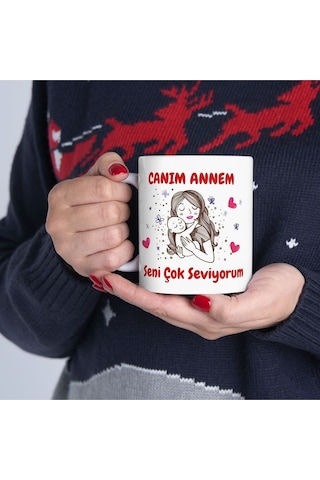 Canım Annem Seni Çok Seviyorum Anneler Günü - Doğum Günü Hediyesi - Hediye Porselen Kupa Bardak Beyaz