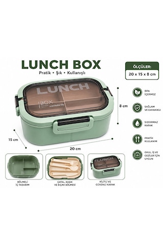Bölmeli Lunch Box Sızdırmaz Kapaklı, Çatal Kaşık Bıçaklı Pratik Yemek Saklama Kabı Beslenme Kabı Yeşil
