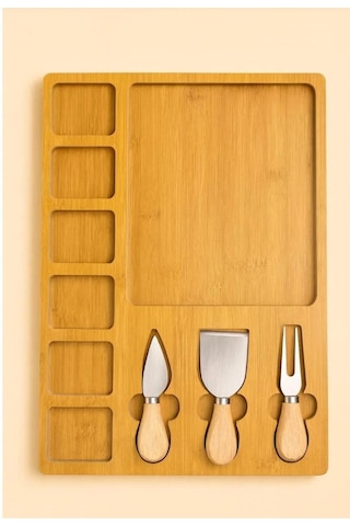 Bambu Peynir Sunum Ve Kahvaltı Tahtası 4 Lü Set 3 Bıçak + Bölmeli Servis Bambu