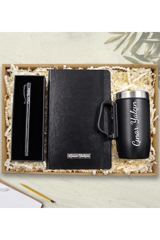 Kişiye Özel Siyah Çelik Bardak Termos & İsme Özel Siyah Defter & İsme Özel Roller Kalem Hediye Seti
