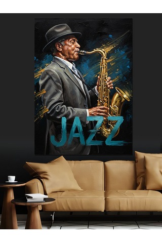 Saksafon Çalan Jazz Adam Dekoratif Kanvas - Mdf Ahşap Tablo