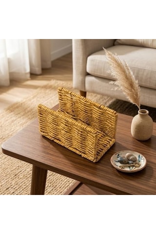 Hasır Örgü Peçetelik, Doğal Renk, Rattan, 14x5x8 Cm, Rustik Stil, Yemek Masası İçin -