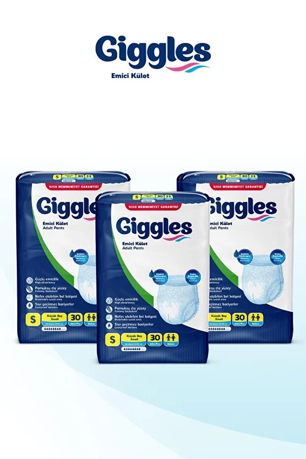 Giggles Yetişkin Emici Külot Bez Small Bel Ölçüsü 50-90cm Islaklık Göstergeli 30'lu 3 Paket 90 Adet S