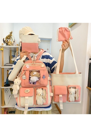 Sımıcg Öğrenci Beş Parçalı Büyük Kapasiteli Okul Çantası Pembe