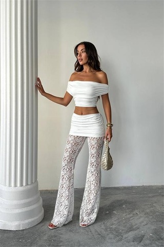 Neşeli Butik Kadın Transparan Dantel Detaylı Pantolon Crop Takım Nbdf160 Beyaz