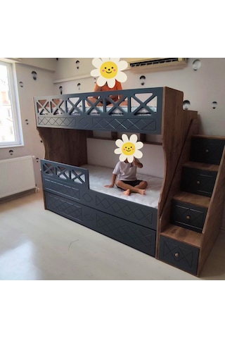 Mdf Atlantik Antrasit Çarpılı Model Çocuk Ranzası