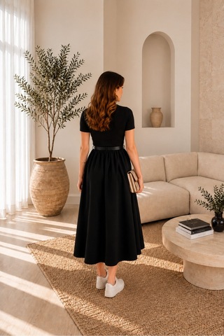 Unika Boutique Kendinden Kemerli Alt Poplin Kumaş Elbise Siyah