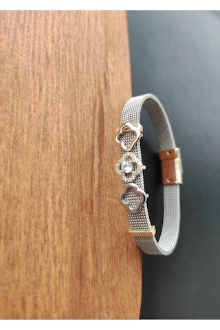 Kadın Charmlı 316l Çelik Hasır Bileklik 17cm Gümüş
