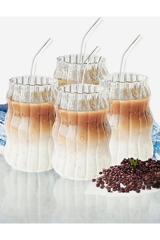 4'lü Sukabağı Latte Cam Pipetli Bardak Seti İskandinav Burgu Tarz Kahve Kokteyl Sunum Bardağı 400ml