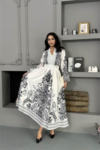 Neşeli Butik Kadın Siyah Güpür Detaylı Atlas Kumaş Desenli İthal Elbise Nbms25109 Siyah