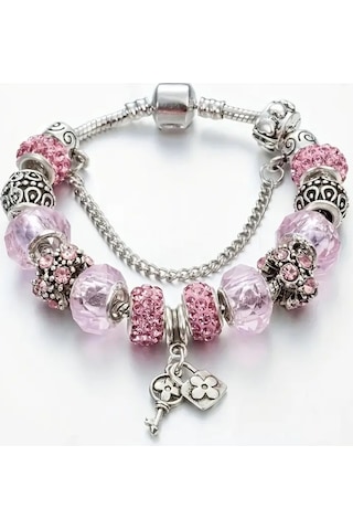 Yeni Tarz ,pembe Crystal Şık Kalp , Aşk Sevgi Charmlı Bileklik, Ahşap Kutu İçerisinde Gümüş Gümüş