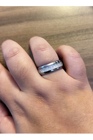Erkek Beyaz Çizgi Detay Gümüş Renk Tungsten Yüzük Gümüş