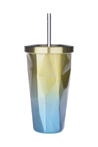 Monyee 500ml Çift Duvarlı Paslanmaz Çelik Termos Bardak, 6 Saat Isı Saklama, Kaçırmaz Kapağı Ve Pipet İle Seyahat Kahve Bardağı - Sarı-mavi Diamond Desen Sarı&mavi