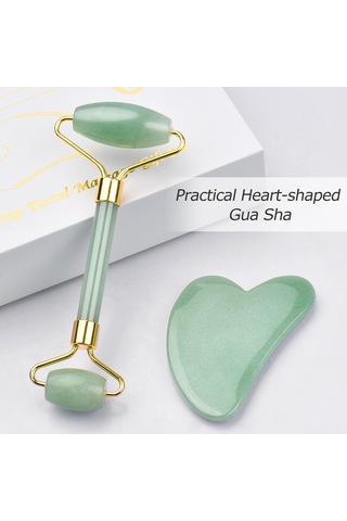 Gajeena Yeşil Jade Güzellik Aleti Seti: Kalp Şekilli Gövde/ Yüz Tırnak Ve İki Uçlu Rulman - Kas Gevşetici, Kuru Cilt Bakımı, Güzellik Masajı Yeşil