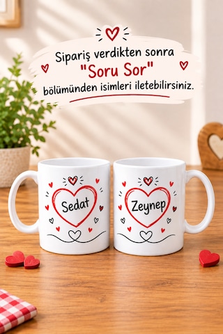 Çift Kişilik İsimli Kupa Bardak Sevgiliye Eşe Hediye Kişiye Özel İsim Baskılı Kalp Desenli Özel Tasarım Sevgili Kupası Beyaz
