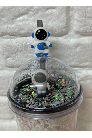 Pipetli Bardak Matara Sevimli Suluk 450 Ml Çift Astronot Figürlü Gümüş
