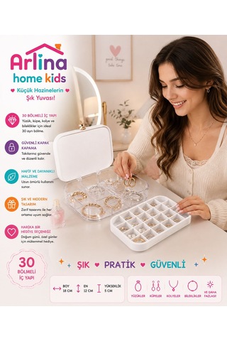 30 Bölmeli Beyaztakı Kutusu Düzenleyici Seyahat Çantası Kolye Yüzük Küpe Organizer 18cmx12,5cm Beyaz