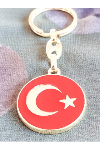 Moncuk Design Yuvarlak Kırmızı Zeminde Sarı Altın Renkli Ay Yıldız Figürlü Anahtarlık