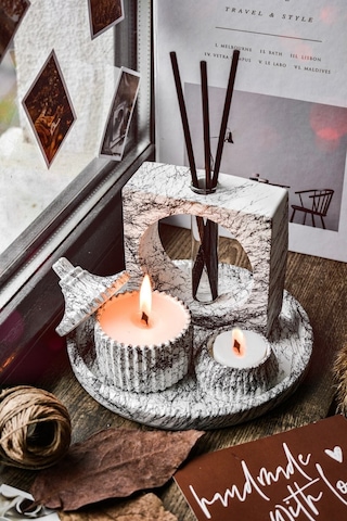 Mermer Desen Tasarım Kokulu Soya Mum, Vazo, Tealightlık, Tepsi Ve 001