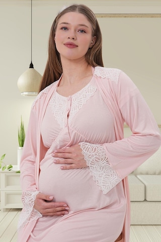 Mecit 6204 Pembe Hamile Lohusa Dantelli Sabahlık Gecelik Takım
