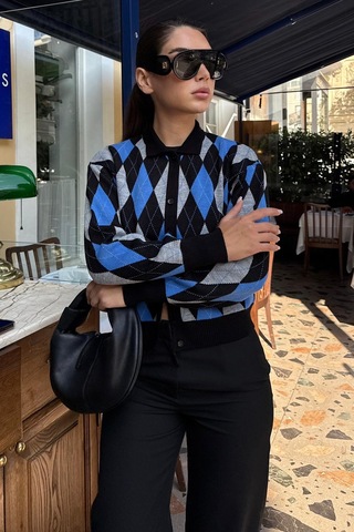 Madmext Siyah Baklava Desenli Polo Yaka Kadın Hırka Mg2478 Siyah
