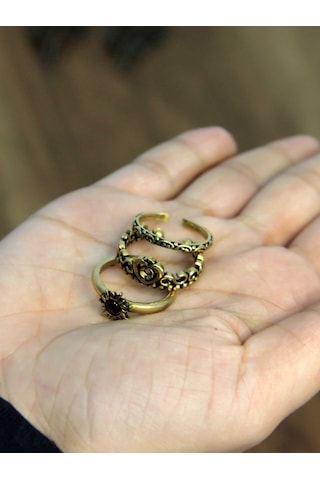 Doğal Taşlı 3'lü Garnet Lal Doğal Taşlı Güneş Modelli Kadın Ayarlanabilir Yüzük Seti Euy85 Kırmızı