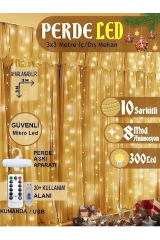 Perde Led 3x3 Kumandalı 8 Fonksiyonlu 300 Led 10 Sarkıtlı Yılbaşı Çam Ağacı Süsleme Usb Gece Lambası