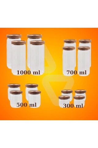 The Mia Ahşap Kapaklı 16 Lı 4 Boy Cam Saklama Kabı 1000-700-500-300 Ml