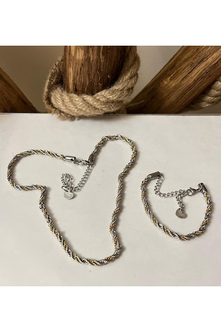 Çelik Burgu Arası Zincir Model Unisex Kolye Bileklik Set 3mm