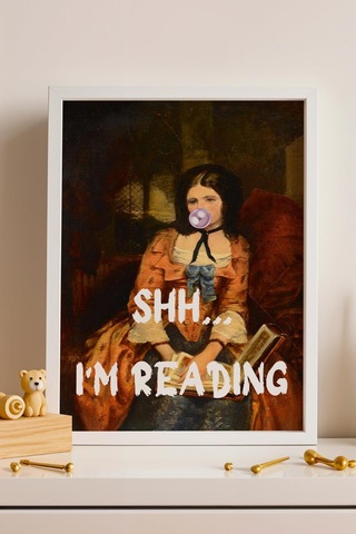 Saturn Shh I'm Reading Çerçeveli Tablo Klasik Portre Kitap Okuyan Kadın Kütüphane Ve Çalışma Odası Dekoru Altered Art