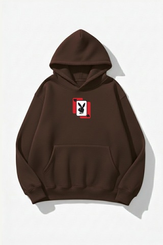 Uyguntarz Unisex Yumuşak Dokulu Playboy Baskılı Tasarım Oversize 3 İplik Hoodie Sweatshirt Kahverengi