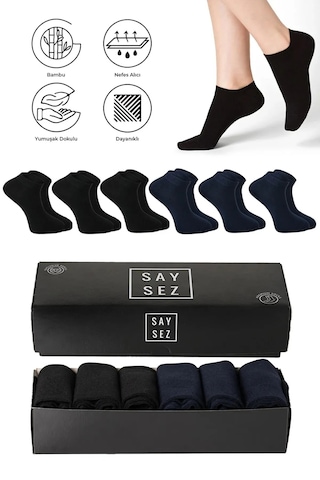 Saysez Bambu Erkek Patik Siyah-laci Çorap Dikişsiz Premium Kutulu 6'lı Lacivert - Siyah