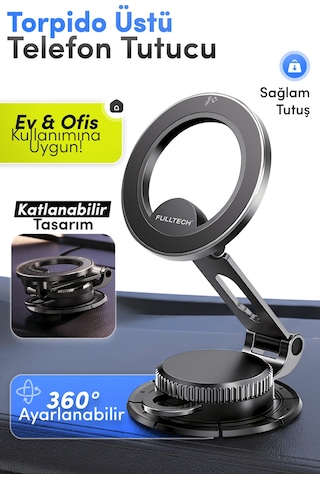 Fulltech Fhd25 Magsafe Manyetik Araç İçi Telefon Tutucu 360 Döner Dashboard & Cam Uyumlu Katlanabil Siyah