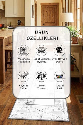 Poligon Benekli Gri Yıkanabilir Mutfak Halısı
