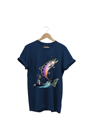 Balık Avı Baskılı Fishing Olta İle Balık Tutmak Turna Levrek Balığı Regular Fit %100 Pamuk Tişört Lacivert