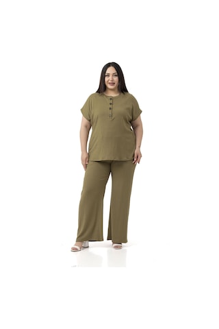 Büyük Beden Düşük Kollu Bluz Pantolon Haki İkili Takım Haki
