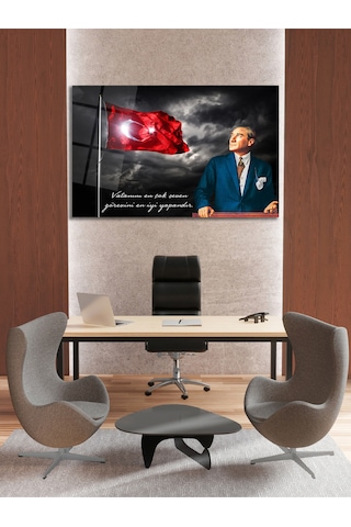 Atatürk Vatanını En Çok Seven Cam Tablo Evlika , Modern Ev İş Ofis Salon Duvar Dekoru , Hediyelik Tablo
