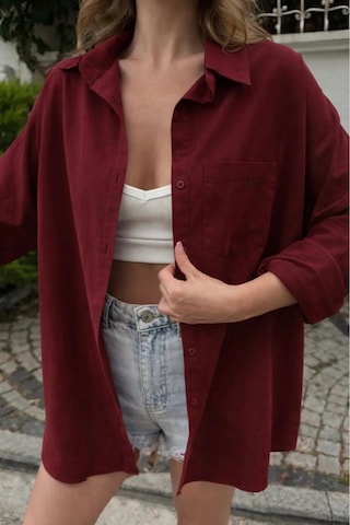 Rouge Basıc Oversize Keten Dokulu %100 Pamuk Salaş Gömlek Bordo