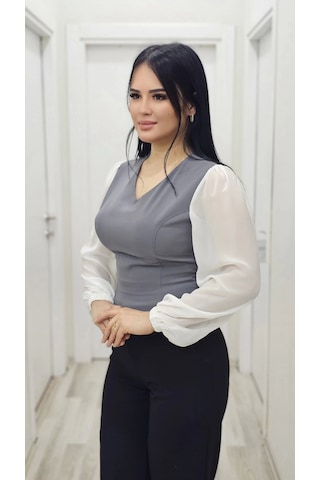 Lodmela Şık V Yaka Crop Üst 6010-gri Gri