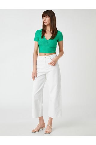 Koton Polo Yaka Crop Tişört Uzun Kollu Yeşil 3sak50066ek Fıstık Yeşili