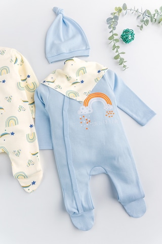 Gökkuşağı Temalı 2'li Uzun Kollu Kız/erkek Bebek Tulum Takım mavi