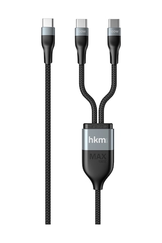 Duo Power 100W Çift Uçlu Type-C To Type-C + Type-C Şarj Kablosu Örgü Tasarım 1.2 Metre Siyah